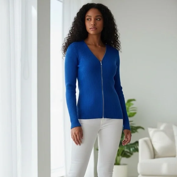 Calvin Klein Women's Royal Blue Full Zip Long Sleeve Top - Picture 1 of 9
